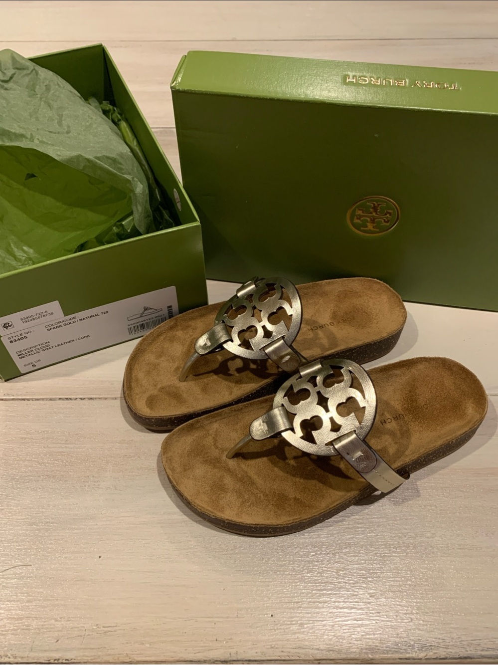 Tory Burch Metallic Gold Logo Thong Sandals NEW